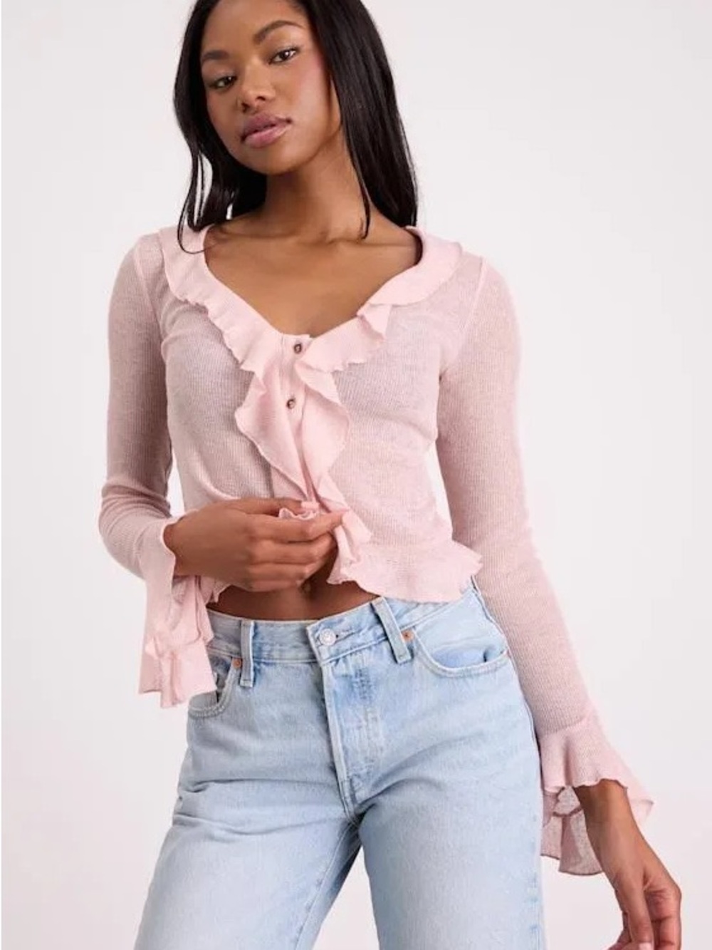 Lulu's Blush Pink Ruffled Button-Front Cardigan